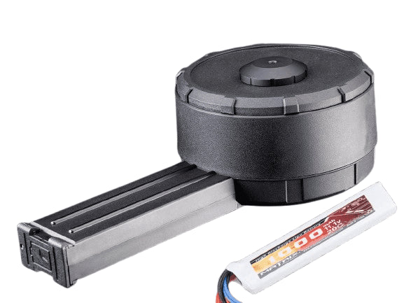 Angel Custom 3000 Round "ZAKU" Electric Auto-Winding Drum Magazine for P90 Airsoft AEGs (Package: Add Voltage Tester & Battery)