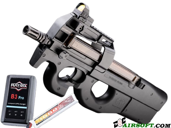 SoftAir Licensed FN P90® Full Size Metal Gearbox Airsoft AEG (Color: Black / Add 7.4v LiPo Battery + BMS Charger + LiPo Safe)