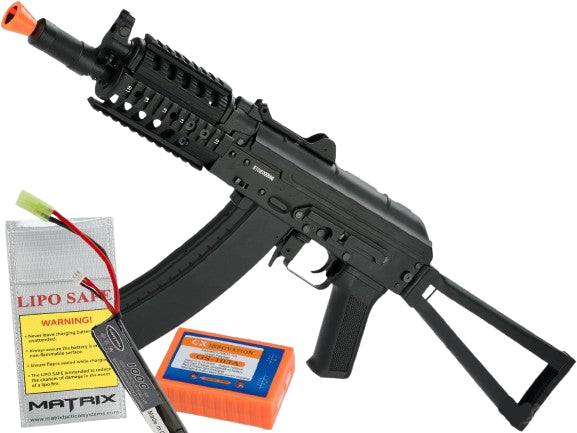 CYMA Stamped Steel AKS-74UN RAS Airsoft AEG Rifle with Steel Folding Stock (Model: Standard / 7.4v LiPo Battery + Charger)