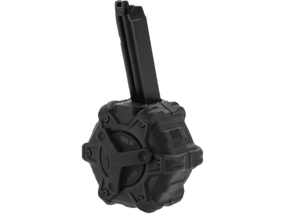 AW Custom Drum Magazine for Gas Blowback Airsoft Pistols & Rifles (Model: SAI BLU/Elite Force GLOCK / Black)