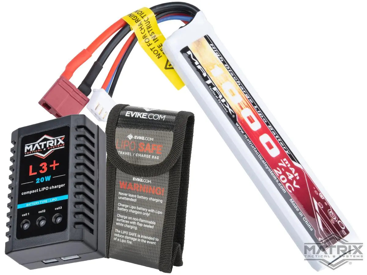 Matrix High Performance 7.4V Airsoft LiPo Battery Starter Pack w/ BMS Smart Charger (Model: Stick Type / 1000mAh / 20C / For Deans / T-Plug Connector)